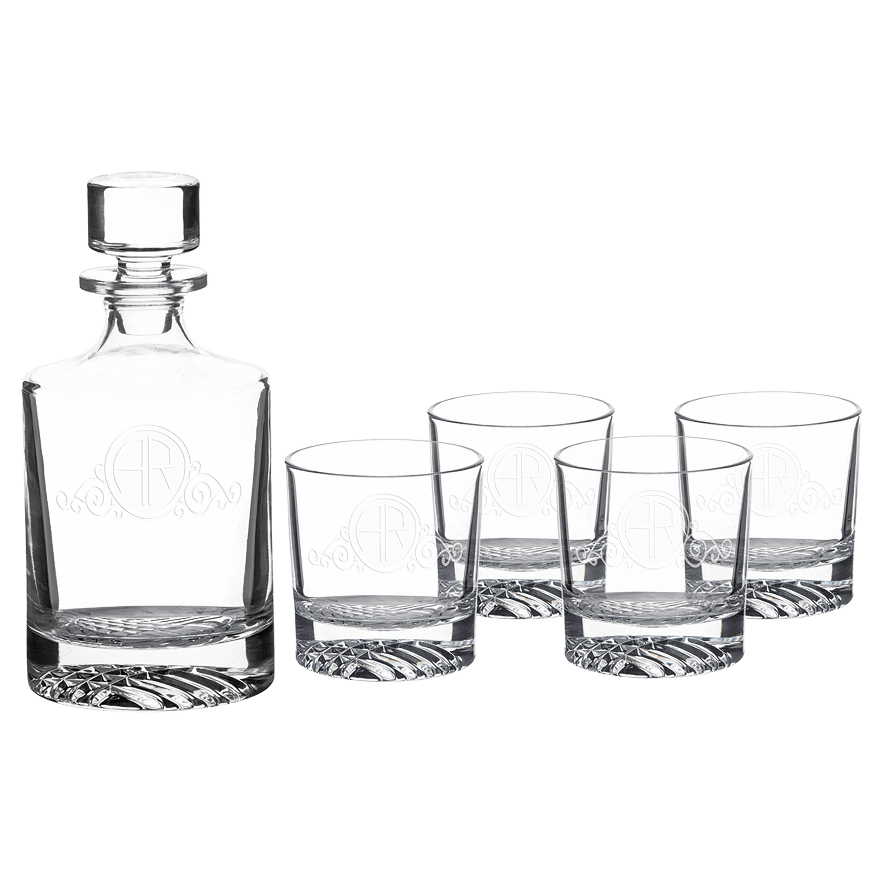 850 mL Round Glass Decanter Set with Four 9 oz. Rocks Glasses in Black Gift Box